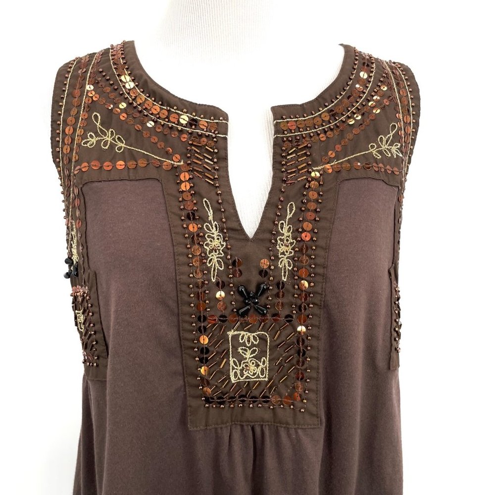 Boston Proper Brown Size Small Sleeveless Embroidered Sequin Blouse Womens Top - Picture 3 of 8